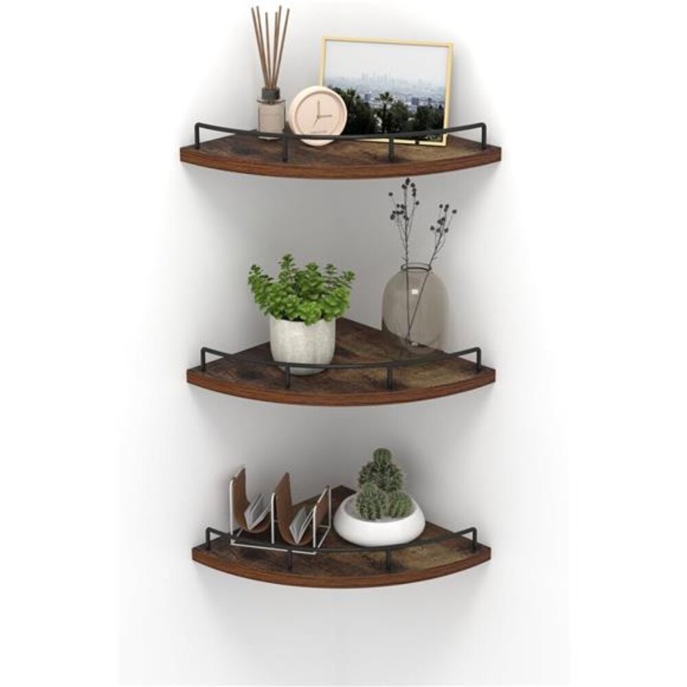 Floating Corner Shelf Wall Mount, Set of 3 Rustic Wood Corner Wall Shelves